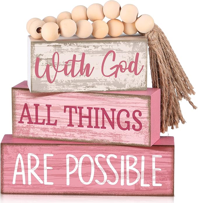 Lineshading 4 Pcs Christian Table Decor Pink Rustic Wooden Block Sign Set by Lineshading