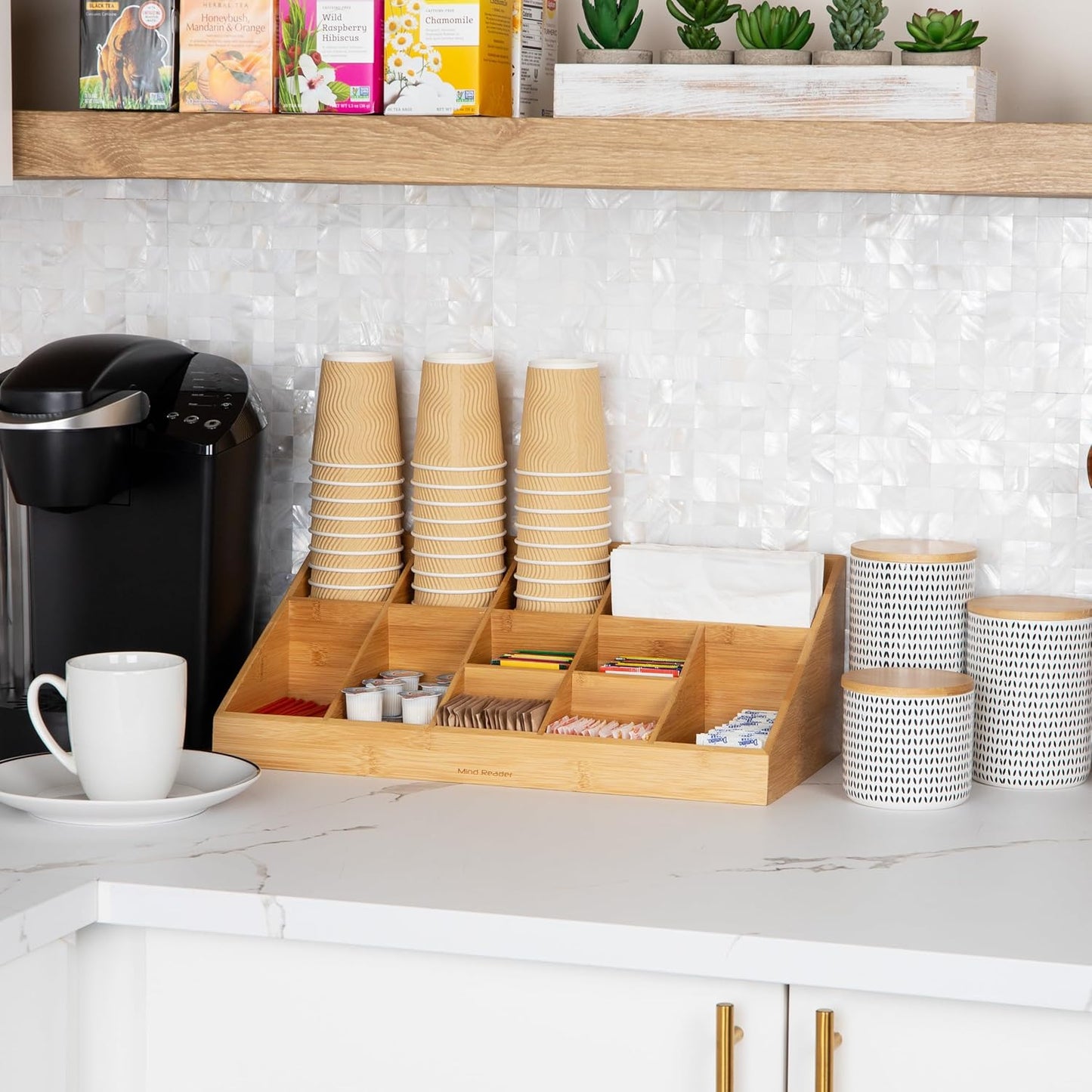 Mind Reader Cup and Condiment Station, Countertop Org, Coffee Bar, Rayon from Bamboo Cup, 18.125"L x 9.5"W x 6.5"H, Brown