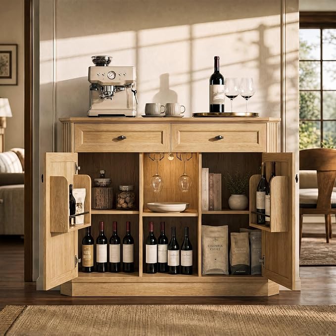 Natural Oak Coffee Bar with 2 Drawers & 2 Doors, LED Wine Bar Cabinet with Wine - Image 2