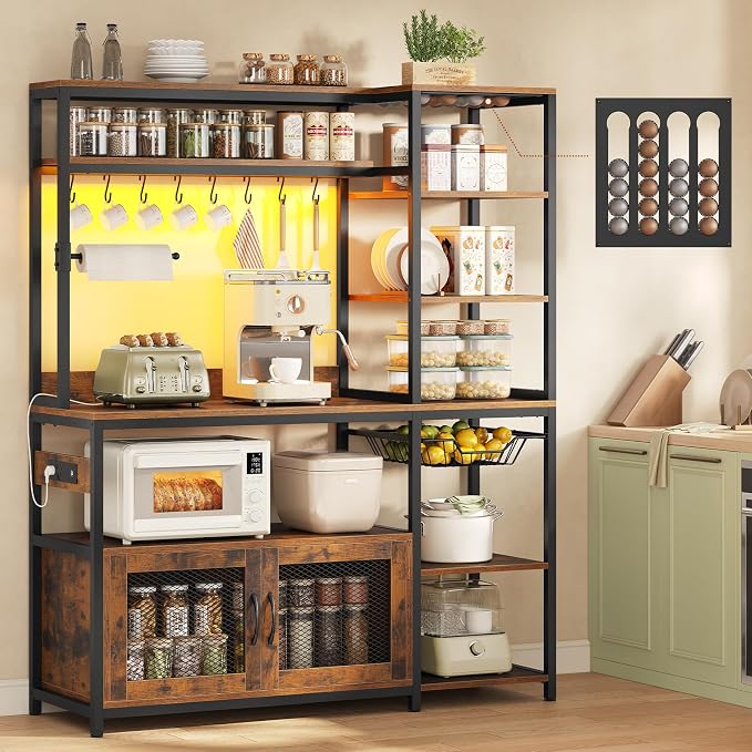 47.2 in Bakers Rack with Power Outlet & LED Light, Coffee Bar with Coffee Pod by UPOSOJAWishesYouaNiceDay