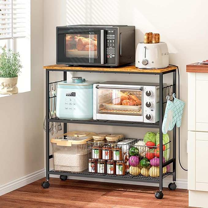 3 Tier Rolling Kitchen Microwave Cart, 33 Inch Microwave Table Stand by ThreeHio