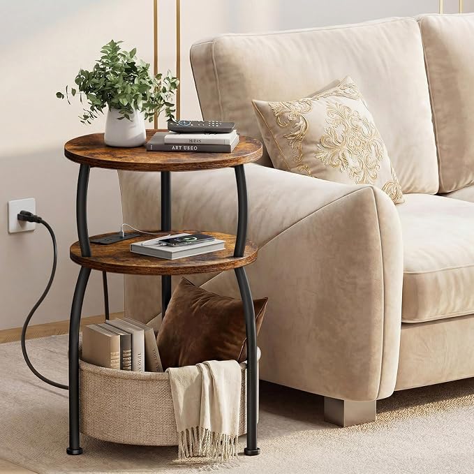 Round Side Table with Charging Station, USB Type C Port, 3 Tiers Sofa Couch - Image 7