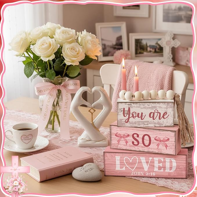 Yuntau 4 Pcs Pink Bow Decor Christian Table Decor Wooden Block Signs You Are So - Image 6