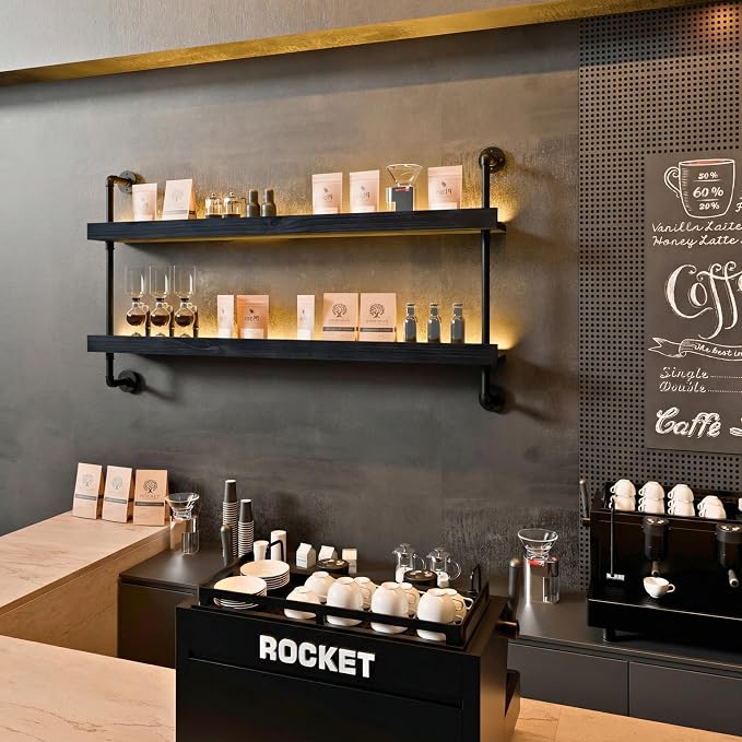 Wall Mounted Wine Rack with LED Light, LED Industrial Pipe Liquor Bar Shelves - Image 7