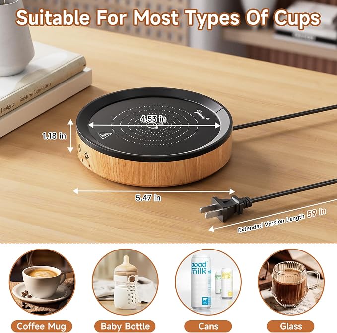 36W Mug Warmer, 3 Temperature Settings, Auto Shut Off, Max 176°F, Wood Grain - Image 4