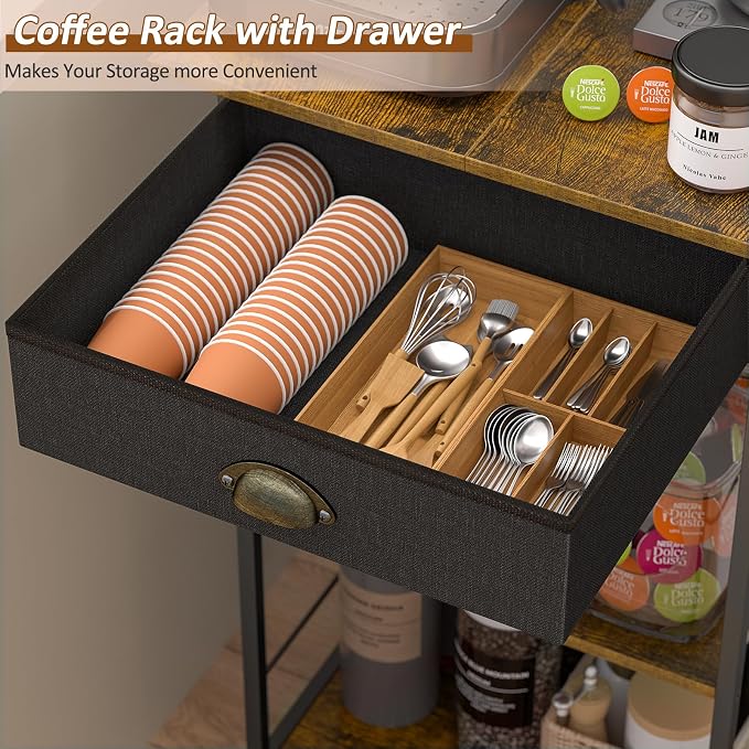 5 Tier Coffee Bar Station with Drawer, Kitchen Stand with 4 S-Shaped Hooks - Image 8