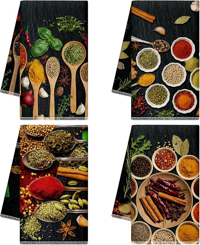 CUTHOLLOW Spoon and Bowl with Spices Decorative Kitchen Towels Set of 4 by CUTHOLLOW