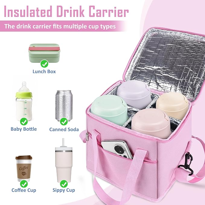 Reusable Drink Carrier with Handle, Tip-Resistant 4 Cup Insulated Bag, - Image 6