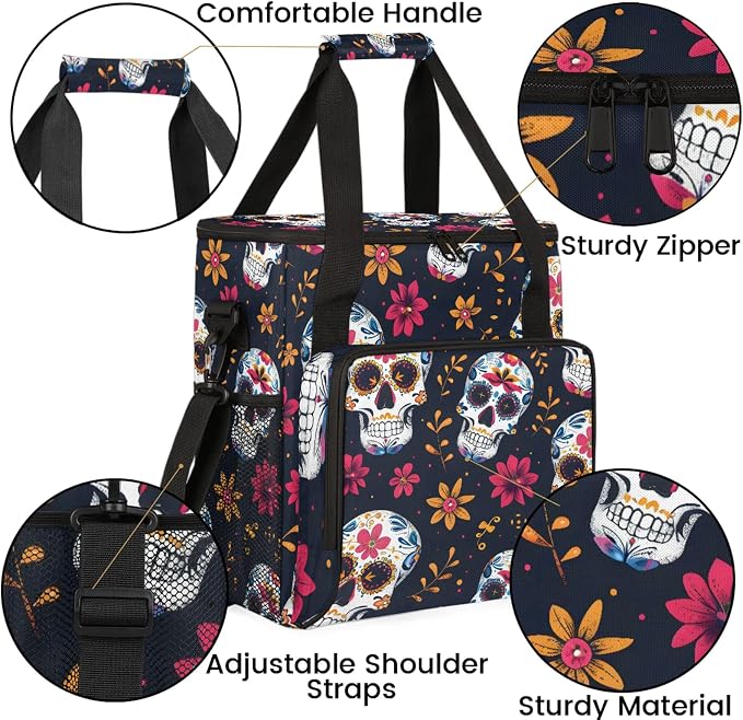 Sugar Skull Flowers Coffee Maker Carring Bag, Large Insulated Storage Organizer - Image 6