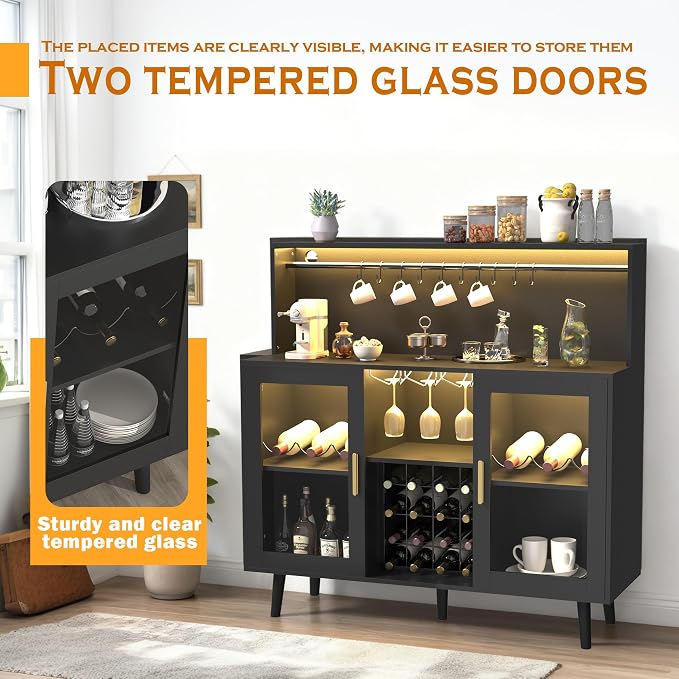 Wine Bar Cabinet with LED Light, Liquor Coffee Cabinet Bar w/Wine Rack & Glass - Image 5