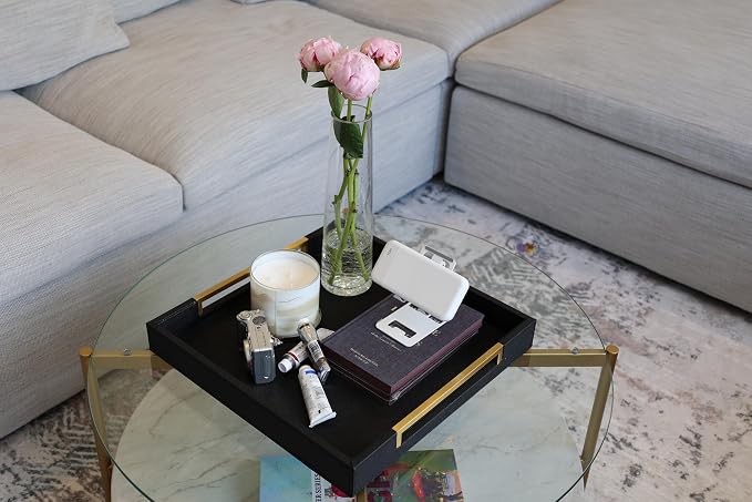 Airdream 16"x16" Black-Gold Modern Square Serving Tray, Faux Leather - Image 2