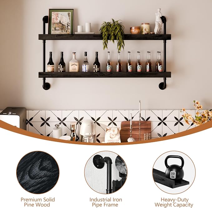 Industrial Wine Rack Wall Mounted, Solid Wood Shelf - Image 3