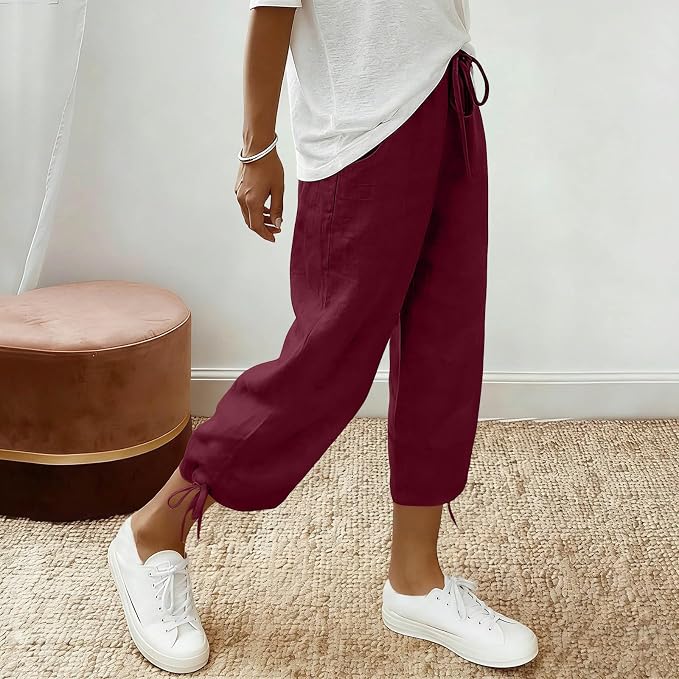 Linen Capri Pants for Women Drawstring Elastic Wide Leg Trouser 2026 Summer - Image 3