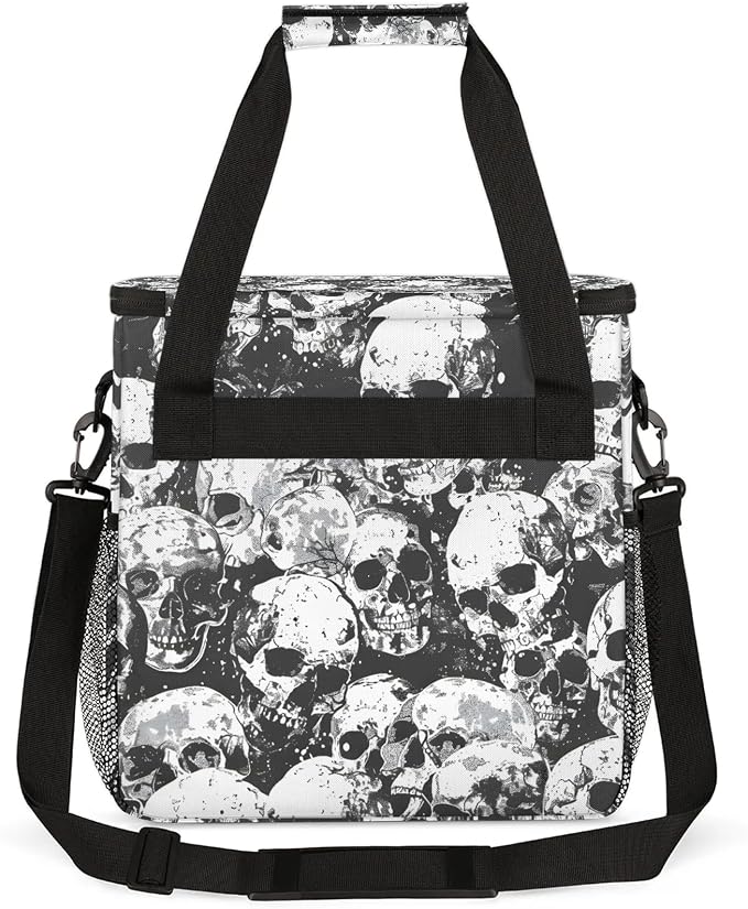 Sugar Skull Black White Skeleton Coffee Maker Carring Bag, Large Insulated - Image 5