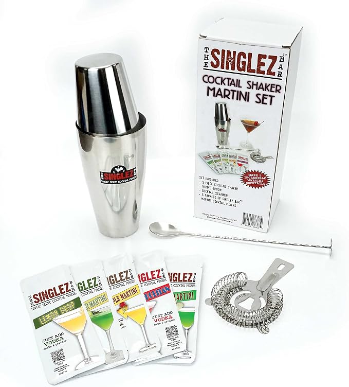 Singlez Bar Boston Cocktail Shaker Kit & Martini Mix | Two Piece Weighted by THOUSANDOAKSBARREL