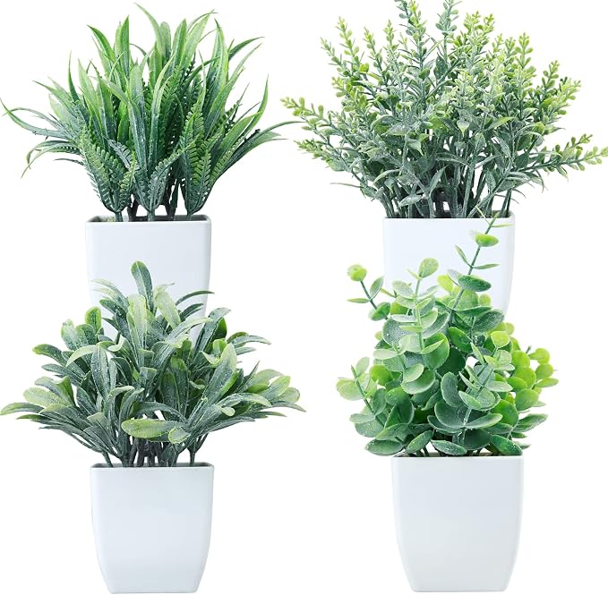 GREENTIME 4 Pack Fake Plants in White Pot Small Artificial Eucalyptus Potted by Greentime