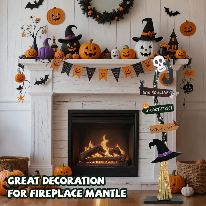 Halloween Decorations |Lighted Witch's Broom Halloween Wooden Porch Sign | - Image 7