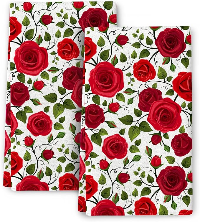 Red Rose Kitchen Dish Towel Set of 2, Soft Absorbent Hand Drying Baking Cooking by Bapcoku
