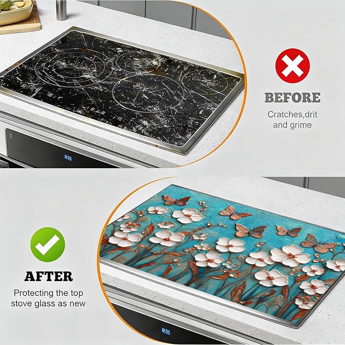 Turquoise Butterfly Floral Stove Top Cover 28.3 x 20.5 Inches, Heat Resistant - Image 5