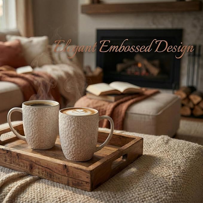 Coffee Mug Set of 4, 16 oz Ceramic Coffee Mugs, Large Embossment Cups, Vintage - Image 5