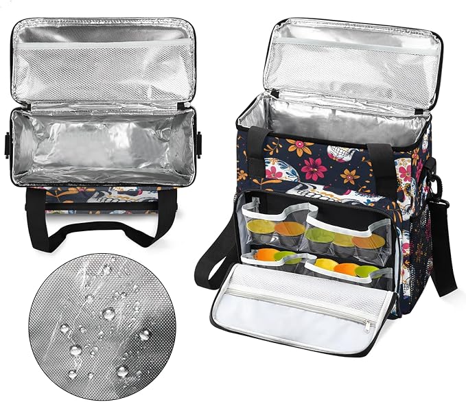 Sugar Skull Flowers Coffee Maker Carring Bag, Large Insulated Storage Organizer - Image 3