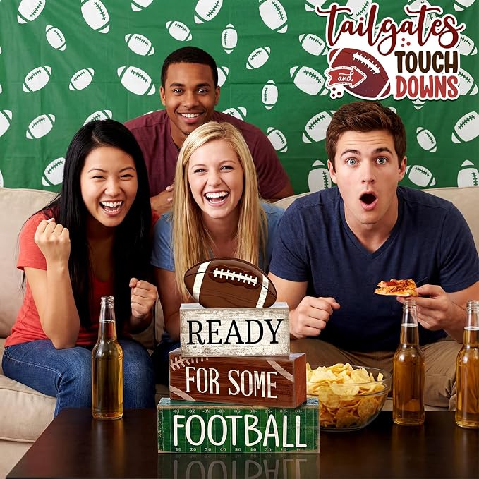 Yuntau 4 Pcs Football Fall Table Decoration Happy Football Wooden Block Sign - Image 3