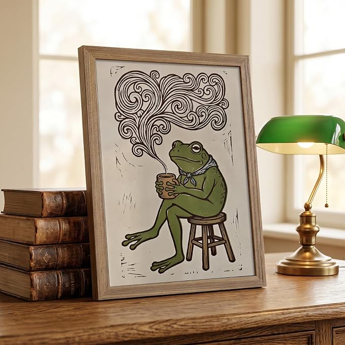 JQ7OL Whimsical Wall Art Frog Drinking Coffee Wall Art Wood Framed Funny - Image 2