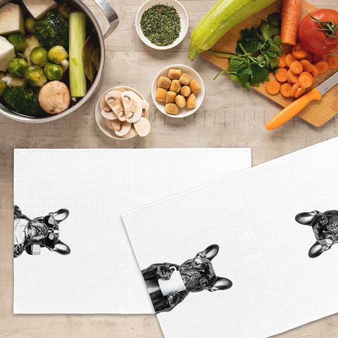 Funny French Bulldog Kitchen Towels Set of 2, Coffee Station Wine Bar Decor - Image 5