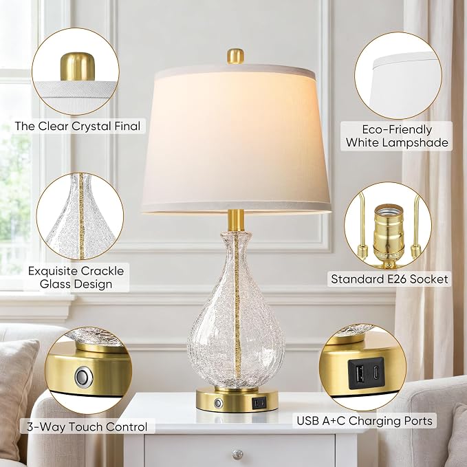 QiMH Glass Table Lamps for Living Room, Bedside Lamps Set of 2 - Image 3