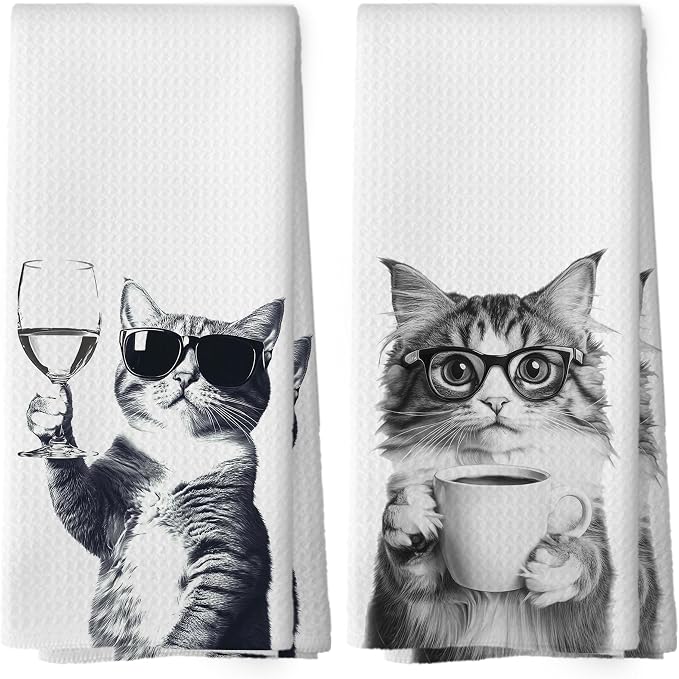 Funny Cat Kitchen Towels Set of 2, Funny Kitchen Decor, Coffee Station Wine Bar by Mcehtle