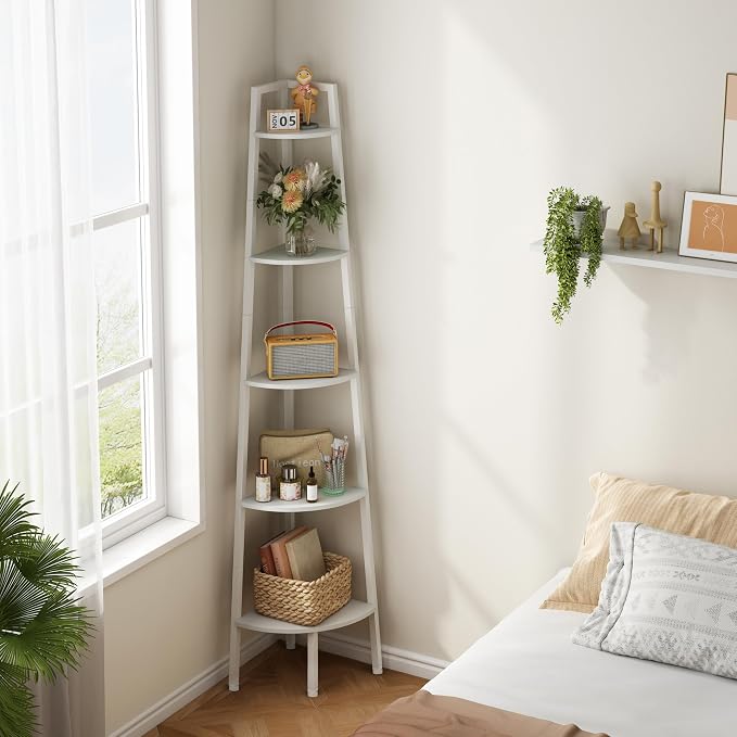 Hoctieon Corner Shelf, 5-Tier Corner Bookshelf, Rustic Ladder Shelf, Industrial - Image 5