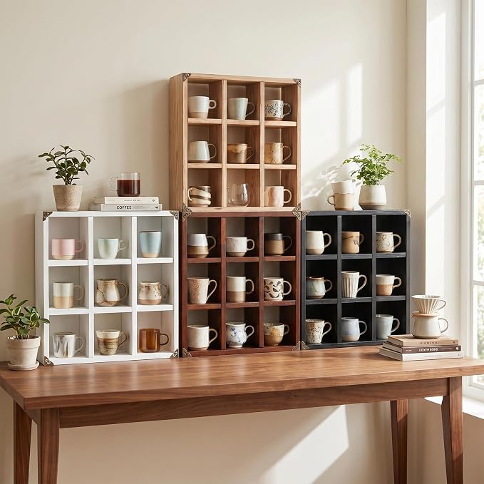 9 Slot Coffee Mug Display Rack - 17in Wall Mounted | Solid Wood - Image 2