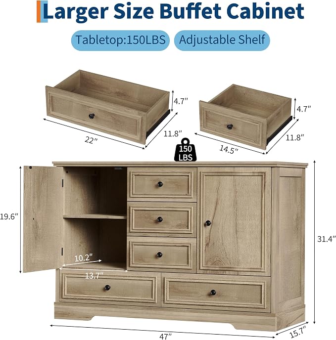 GarveeHome 47" Farmhouse Sideboard Buffet Cabinet, Sideboard Storage credenza - Image 2