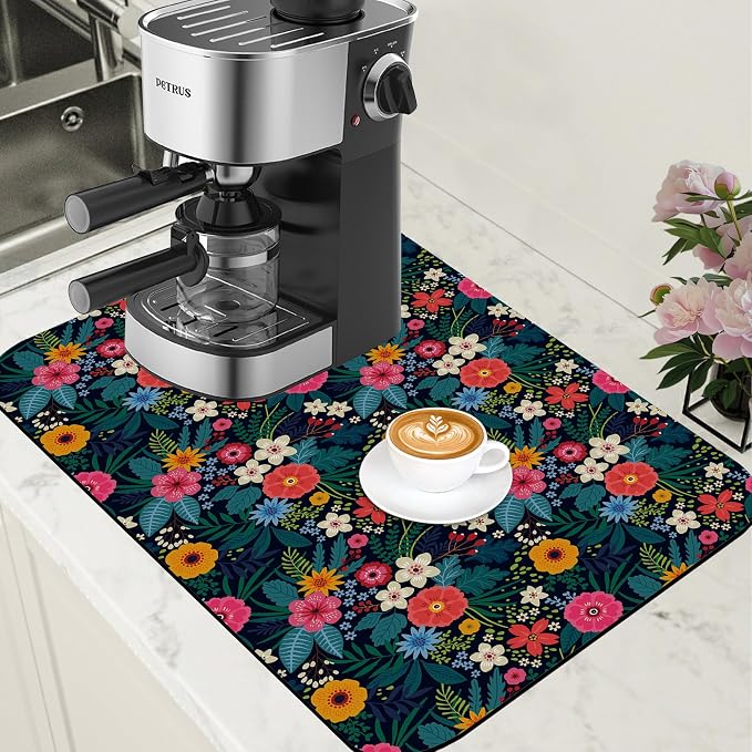 Dish Drying Mat Colorful Flowers and Leaves Coffee Bar Mat by Unknown