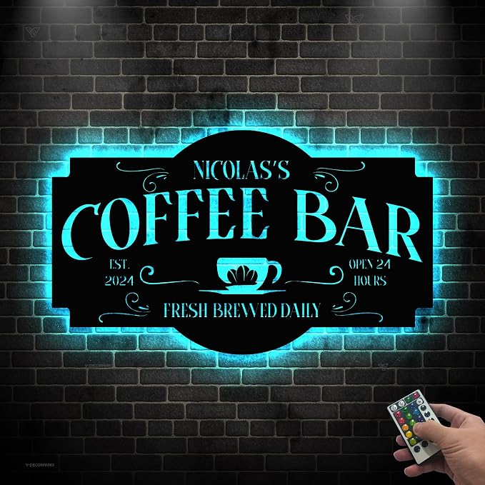 Personalized Coffee Bar Metal Wall Art LED Lights, Coffee Time LED Custom Name - Image 2