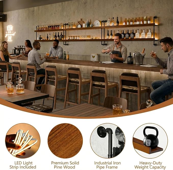 Wall Mounted Wine Rack with LED Light, LED Industrial Pipe Wine Shelf, 2-Tier - Image 3