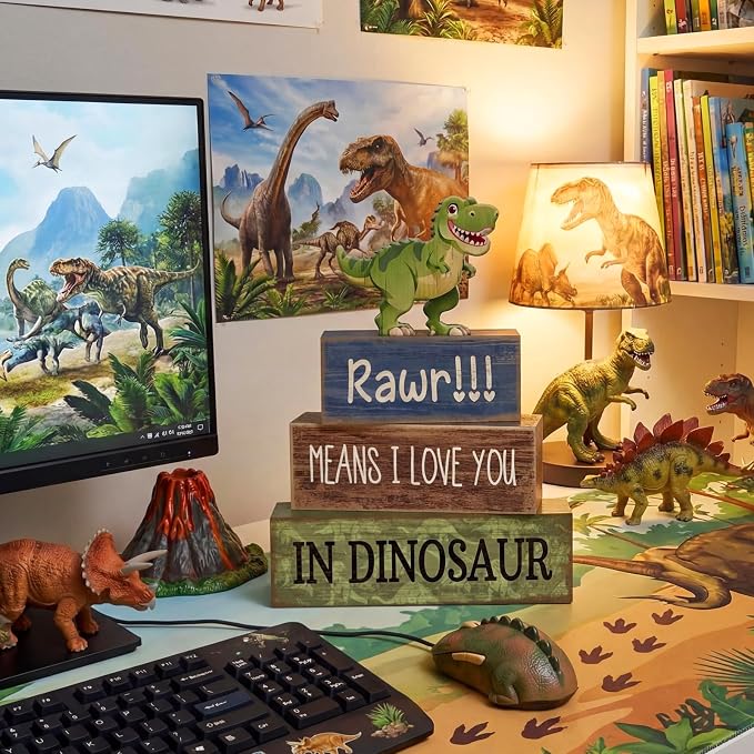 Lineshading 4 Pcs Dinosaur Table Decorations Wooden Dinosaur Decor Dino Safari - Image 5