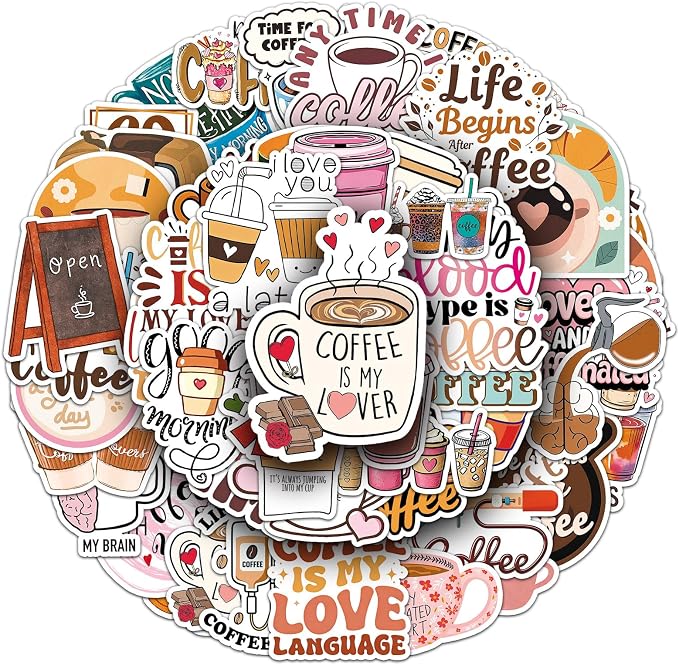 50Pcs Coffee Stickers, Waterproof Vinyl Cute Coffee Cup Decals by Unknown