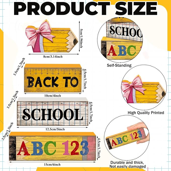 Lineshading 4 Pcs Back to School Table Decorations Wooden Pencil Stacked Block - Image 4