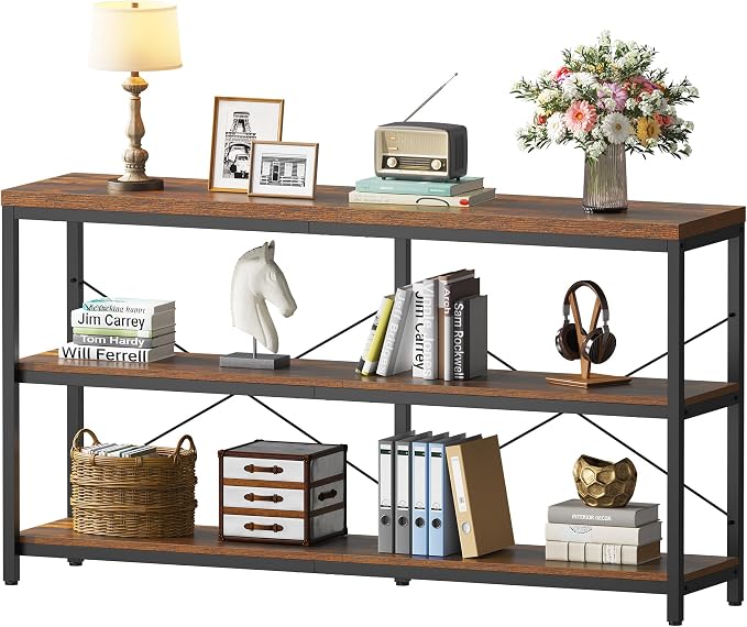 3-Tier Industrial Bookshelf, Wide Wood Horizontal Bookcase, Open Large Book - Image 9