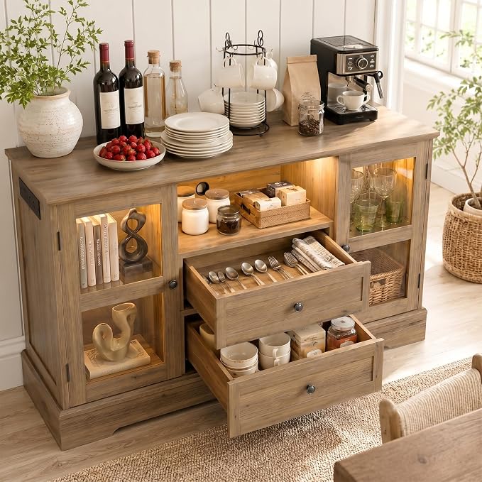 55 Inch Buffet Cabinet with Power Outlets, Coffee Bar with 2 Drawers, RGB LED by Foxemart