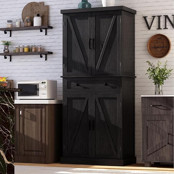 kepptory 72" Tall Kitchen Pantry Cabinet, Barn Doors and Drawer, Farmhouse - Image 3