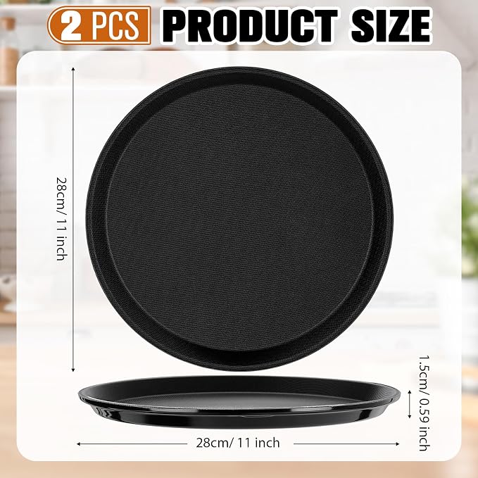 Zopeal 2 Pieces Black Round Restaurant Serving Tray, Plastic Non Slip Surface - Image 2