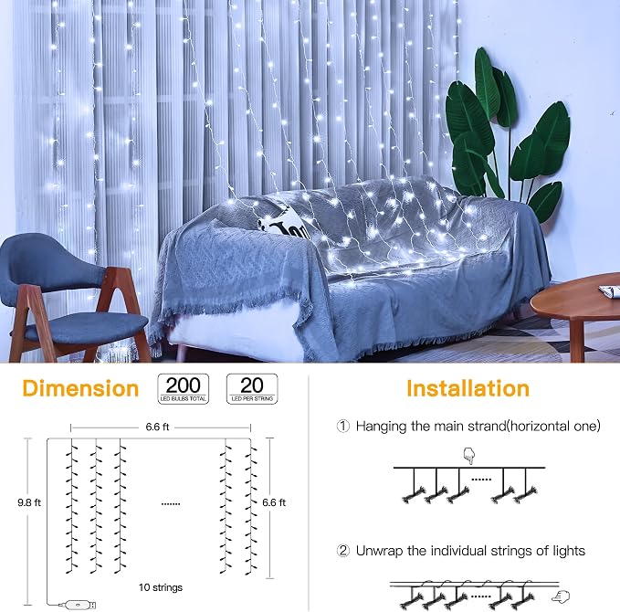 Ollny Curtain Lights 6.6x6.6ft, 200 LED White Christmas Lights - Image 6