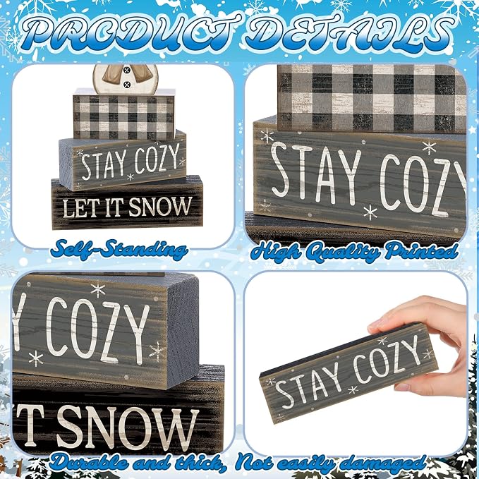 Yuntau 4 Pcs Winter Table Decorations Wooden Snowman Winter Tiered Tray Decor - Image 6
