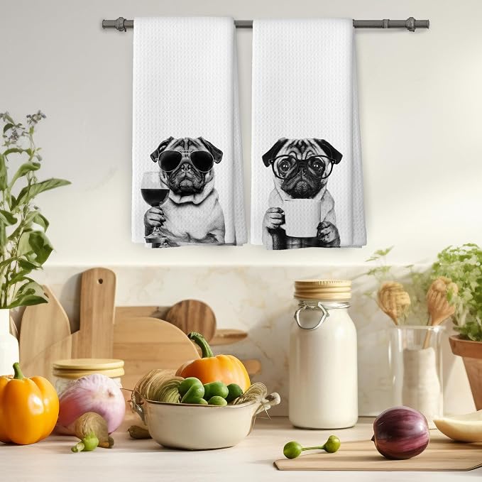 Funny Pug Kitchen Towels Set of 2, Funny Dog Kitchen Accessories, Coffee - Image 4