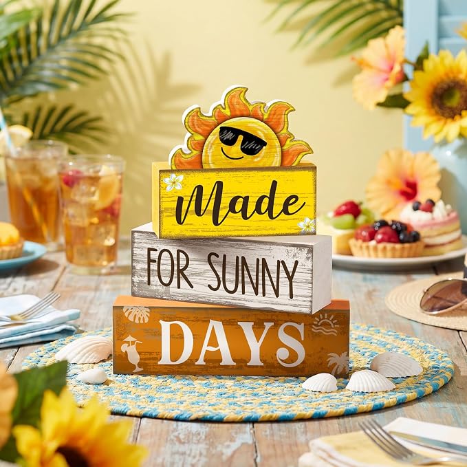 Lineshading 4 Pcs Summer Table Decoration Wooden Sun Beach Tiered Tray Decor - Image 2