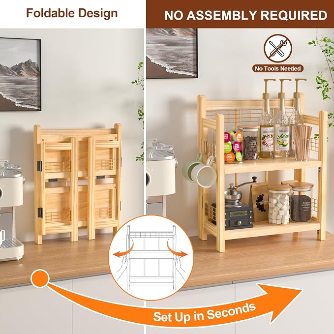 No-Assembly Coffee Bar Organizer, 2-Tier Coffee Station Shelf | Foldable Oak - Image 2