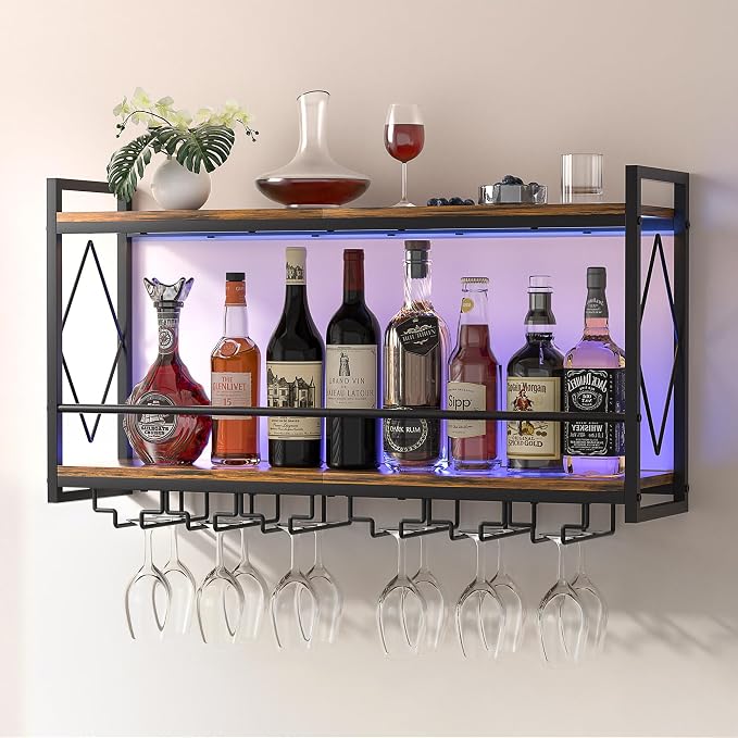 Wall Mounted Wine Rack with LED Light, 31.5" Bar Liquor Shelves with Glass - Image 8