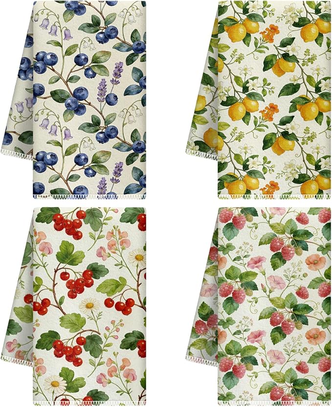 CUTHOLLOW Berries and Flowers Decorative Kitchen Towels Set of 4, 25.98"x17.72" by CUTHOLLOW